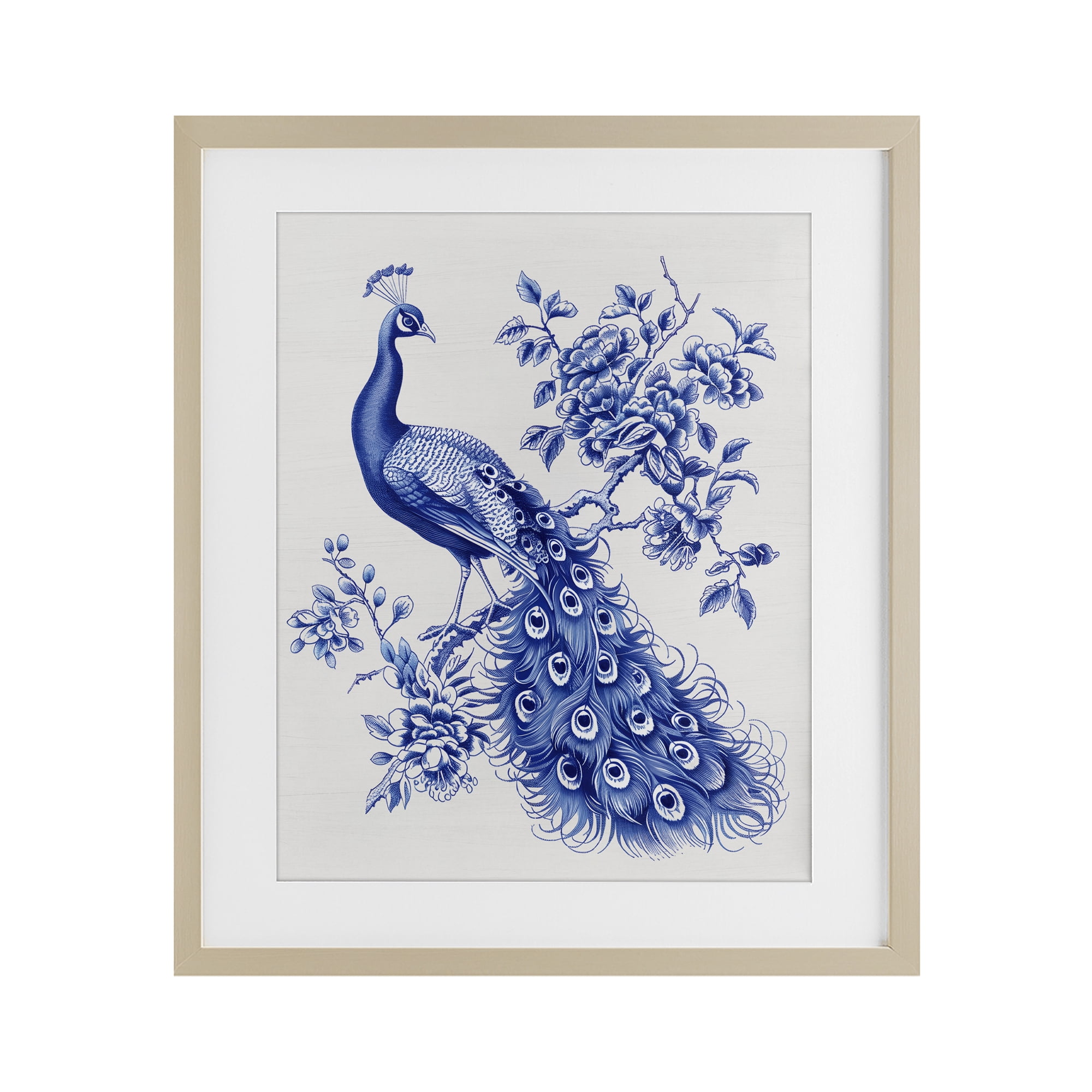 Vintage Peacock in Toile Style Birch Framed Print Under Glass, design by Lettered and Lined