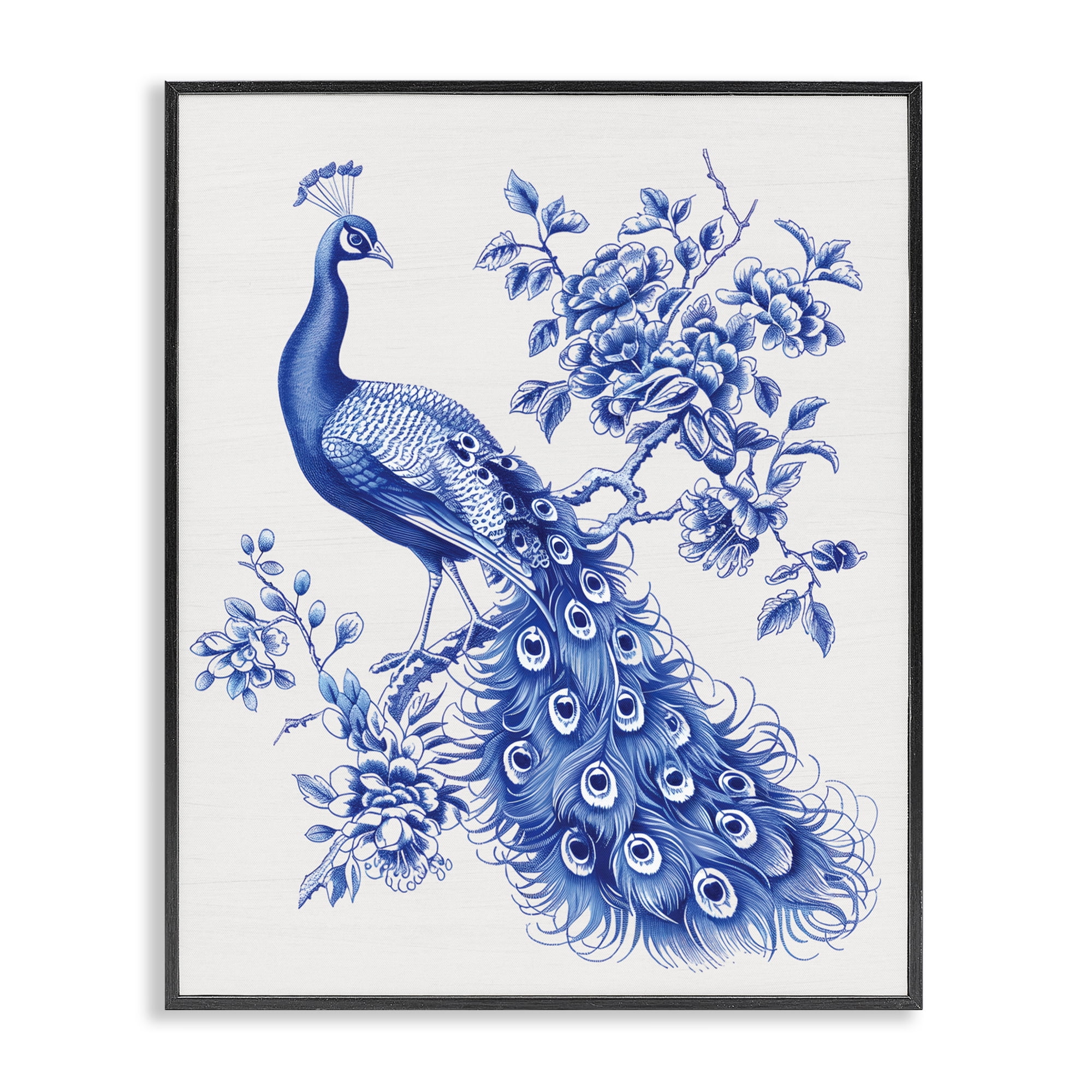 Vintage Peacock in Toile Style Black Framed Giclee Art, design by Lettered and Lined