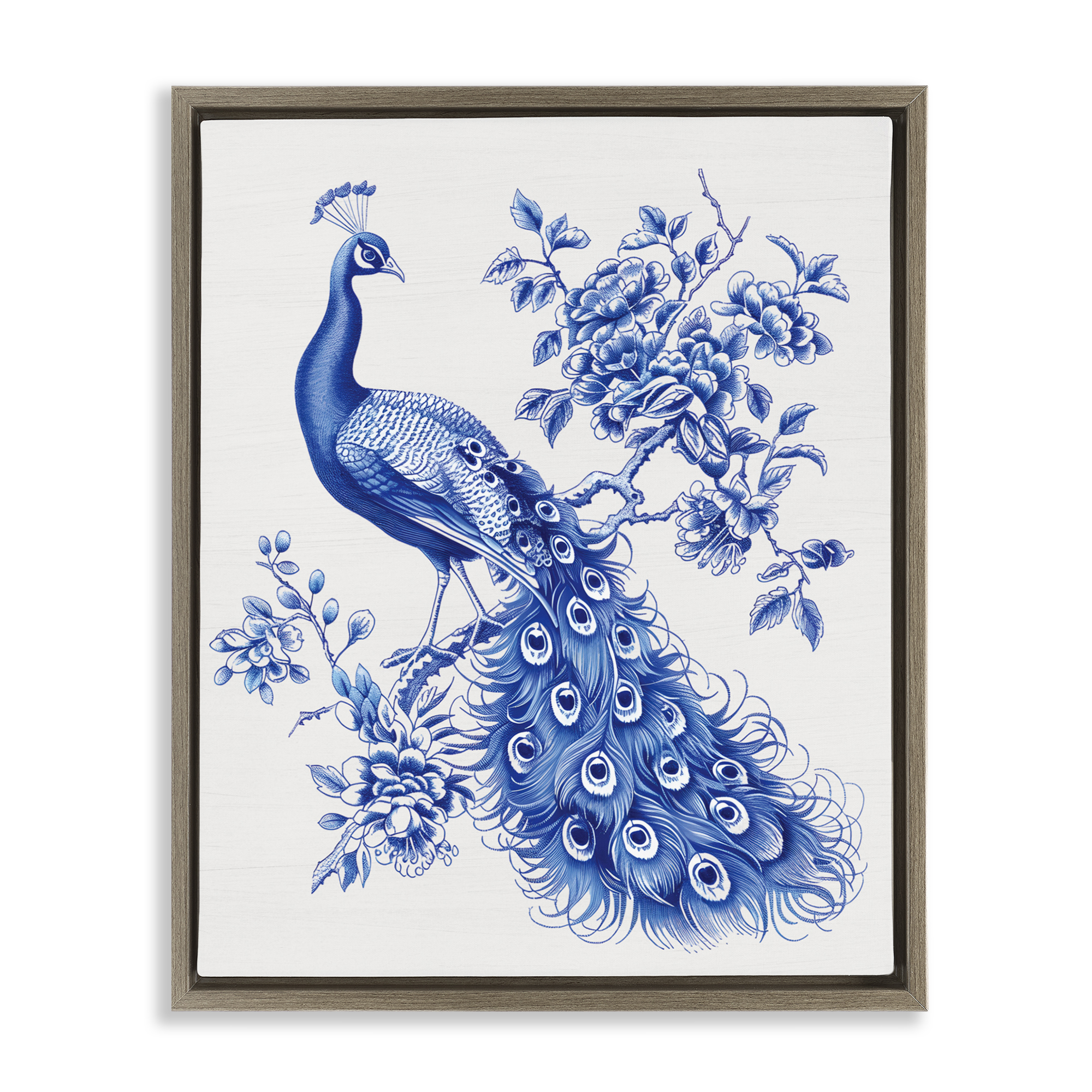 Vintage Peacock in Toile Style Brown Framed Floater Canvas Wall Art, design by Lettered and Lined