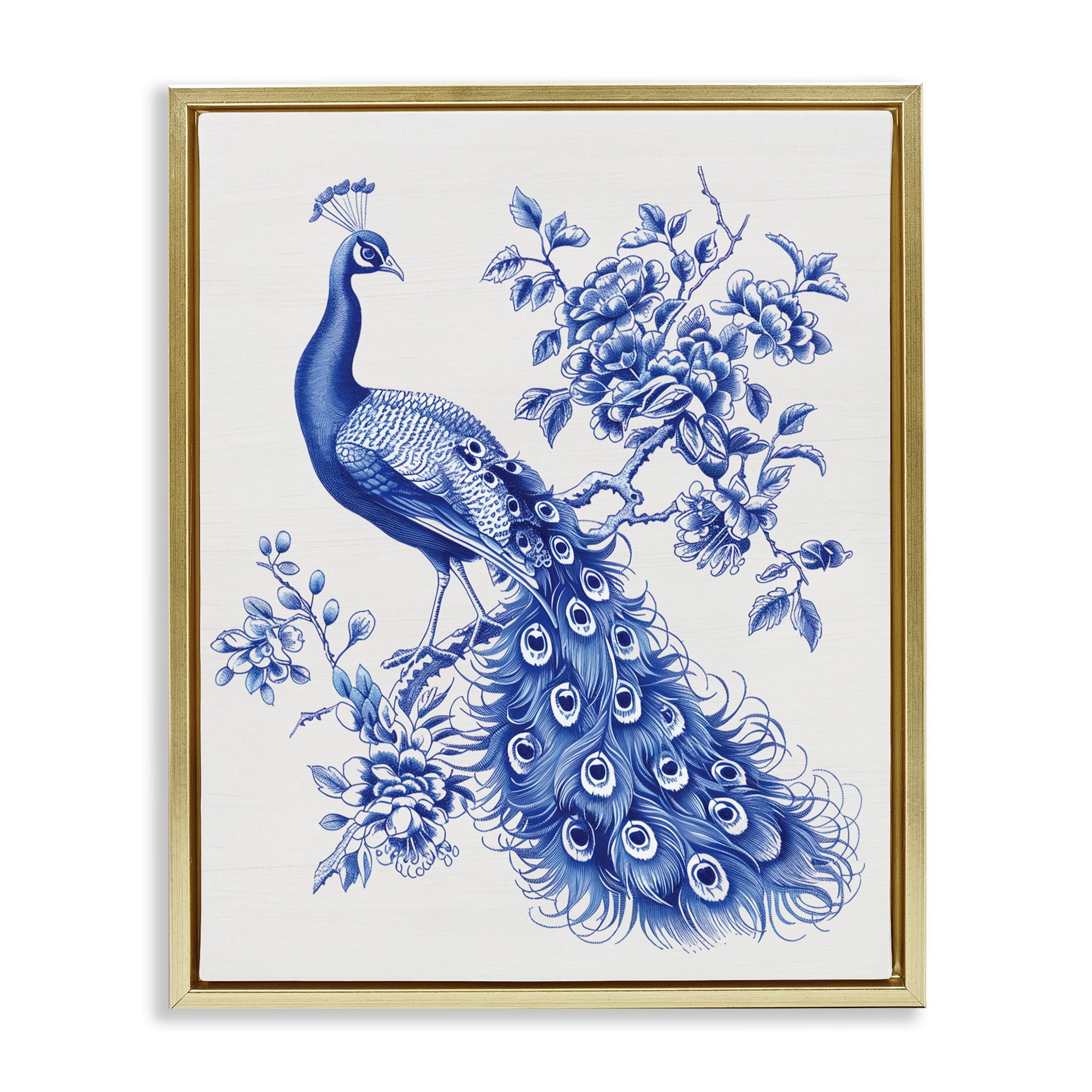 Vintage Peacock in Toile Style Gold Framed Floater Canvas Wall Art, design by Lettered and Lined