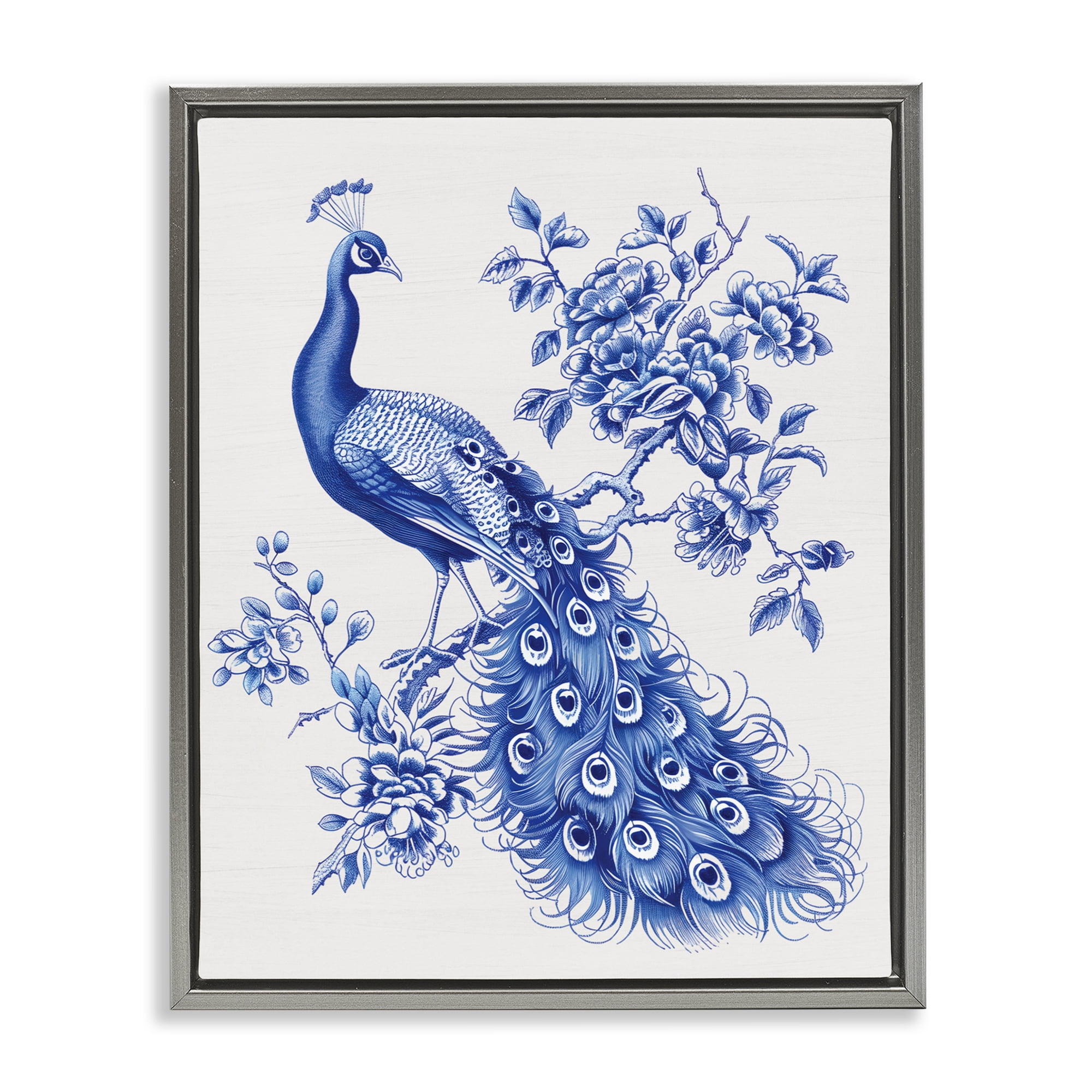 Vintage Peacock in Toile Style Gray Framed Floater Canvas Wall Art, design by Lettered and Lined
