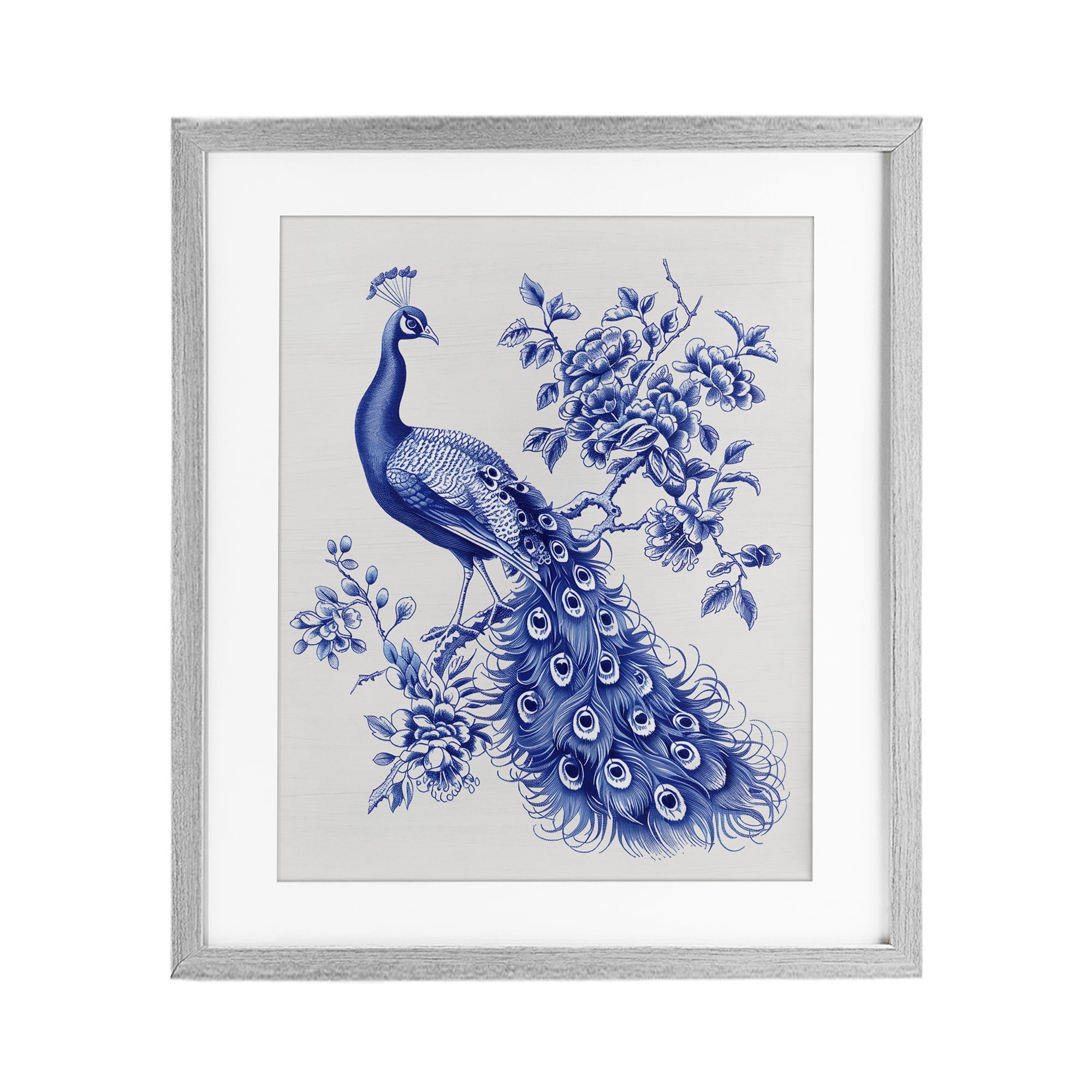 Vintage Peacock in Toile Style Gray Framed Print Under Glass, design by Lettered and Lined