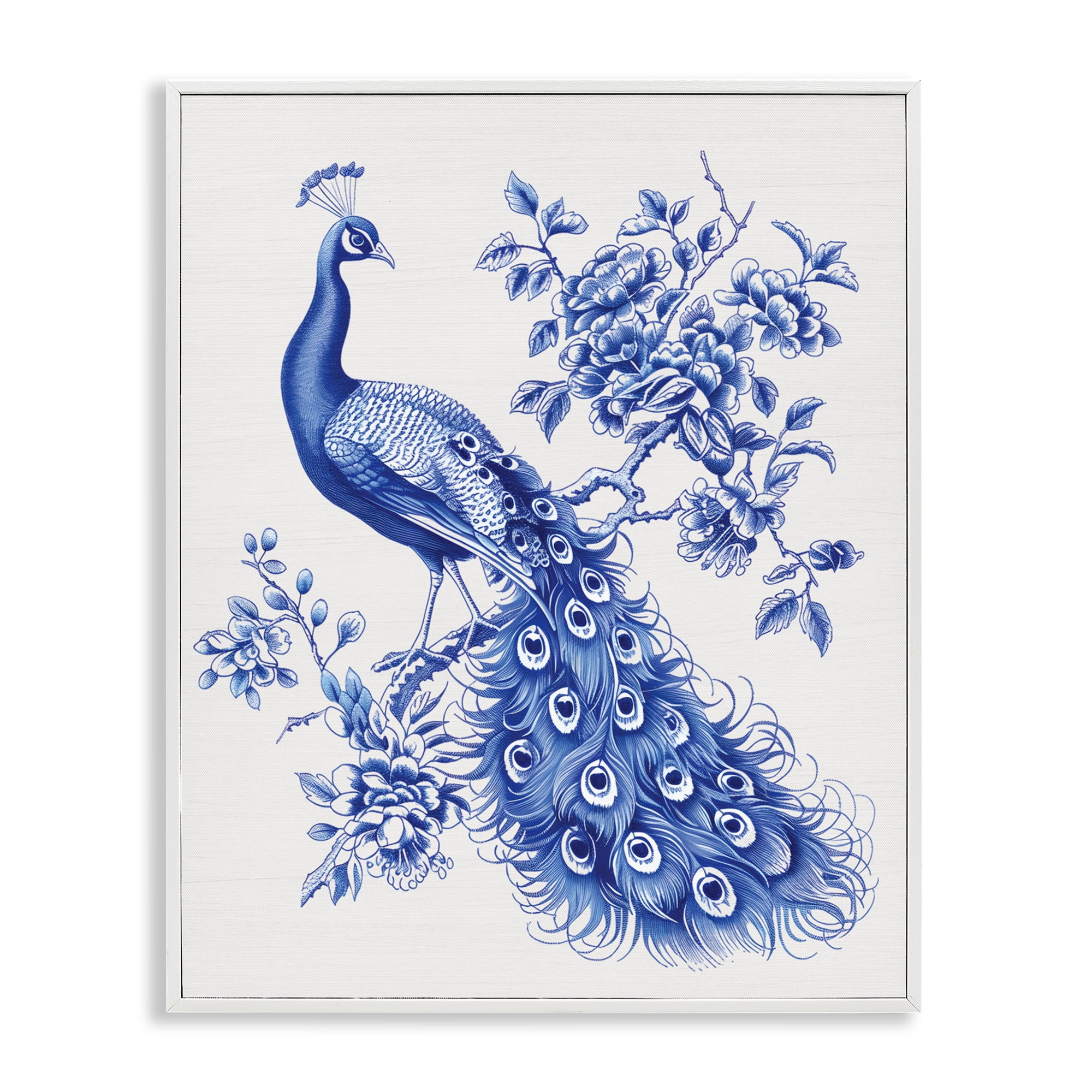 Vintage Peacock in Toile Style White Framed Giclee Art, design by Lettered and Lined