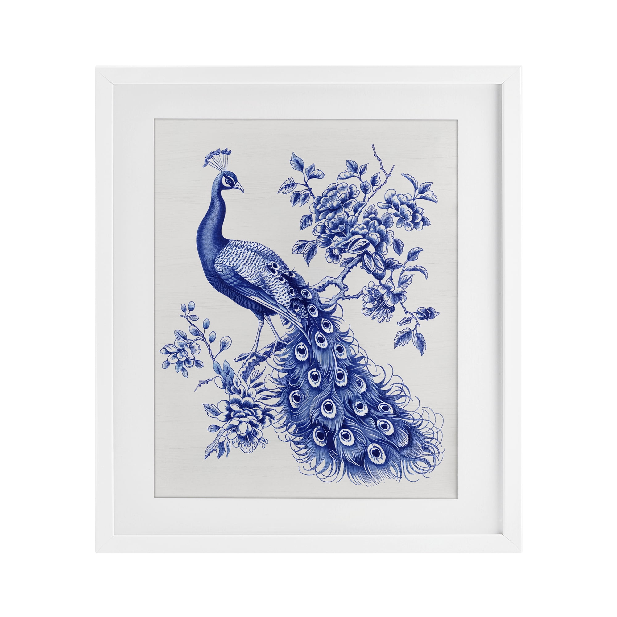 Vintage Peacock in Toile Style White Framed Print Under Glass, design by Lettered and Lined