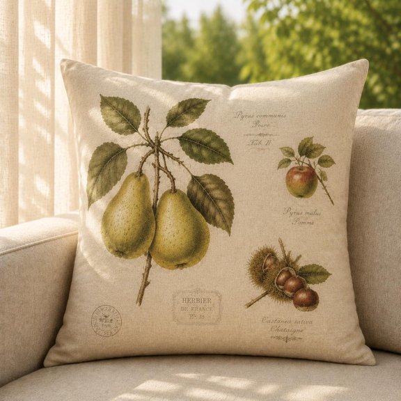 Vintage Pear Apple Chestnut Beige Polyester Velvet Throw Pillow Cover, 2 Sided, Envelope, No Insert