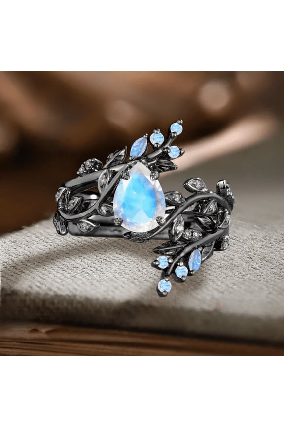 Vintage Pear Cut Moonstone Engagement Ring Set- Art Deco Cluster Leaf Nature Inspired Bridal Promise Ring Enhance IN 14K Black Gold Vermeil