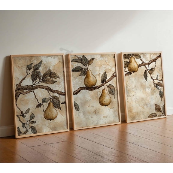 Vintage Pear Tree Rustic Vintage Fruit Farmhouse Botanical Tropical Kitchen Decor Set 3 Stretched Canvas 8x12