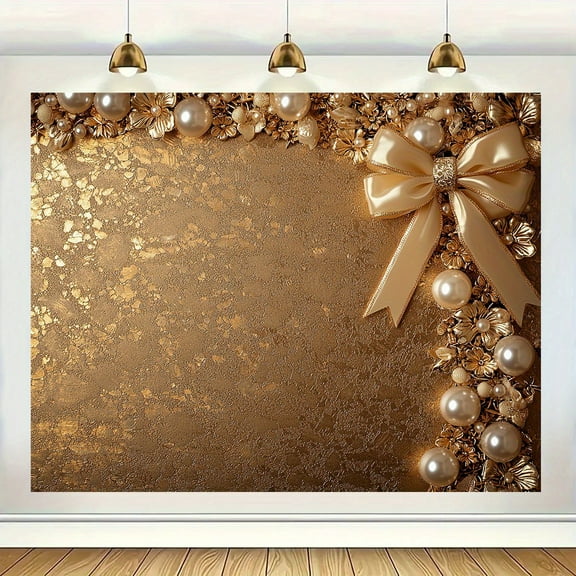 Vintage Pearl Bow Wedding Backdrop Elegant Golden Floral Bridal Shower Photography Background Retro Pearl Flower Engagement Party Decorations Banner Supplies Photo Booth Props