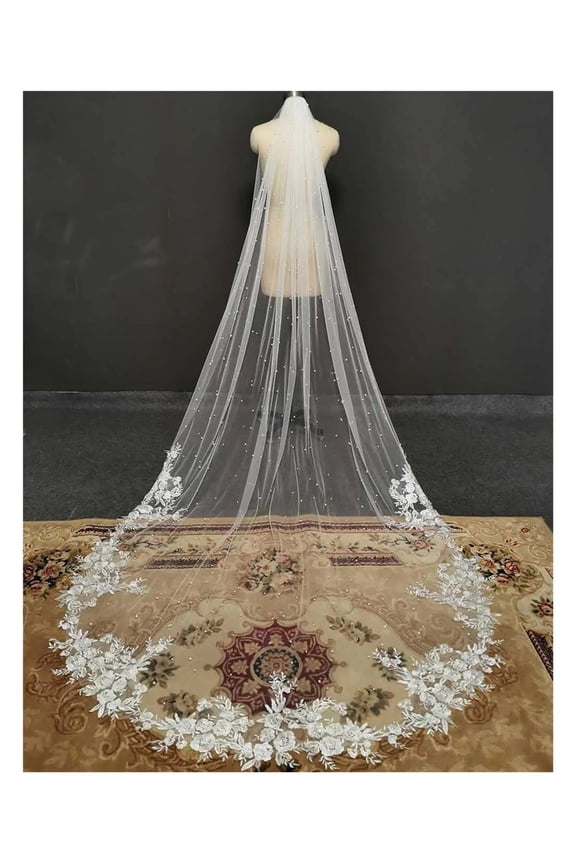 Vintage Pearl Bridal Veil with Sequined Appliques - Long Elegant Wedding Veil with Comb for Brides