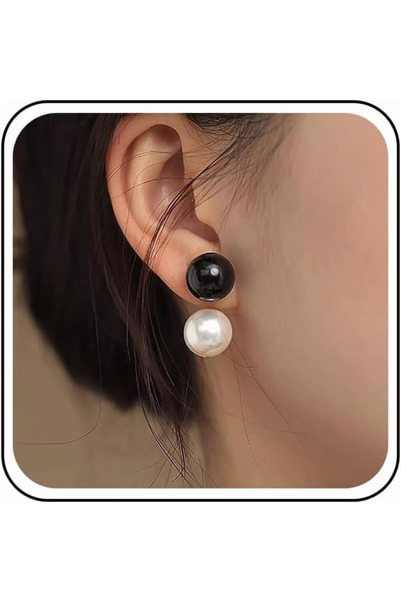 Vintage Pearl Double Sided Earrings Pearl Ear Jacket Earrings Minimalist Round Bead Dangle Studs Black White Bead Front Back Earring Jewelry for Women[w5210]