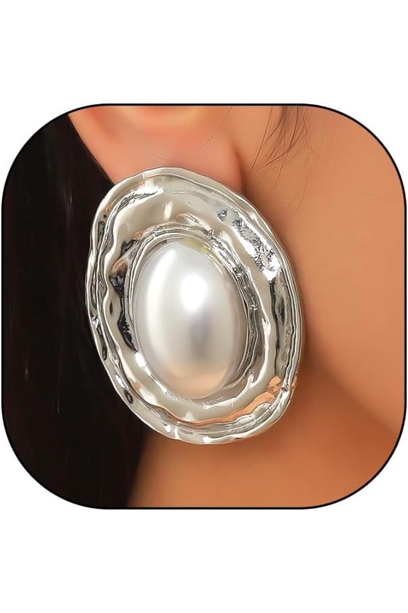 Vintage Pearl Earrings for Women Chunky Gold Geometric Oval Pearl Stud Earrings Exaggerated Textured Round Statement Earrings Trendy Jewelry Presents