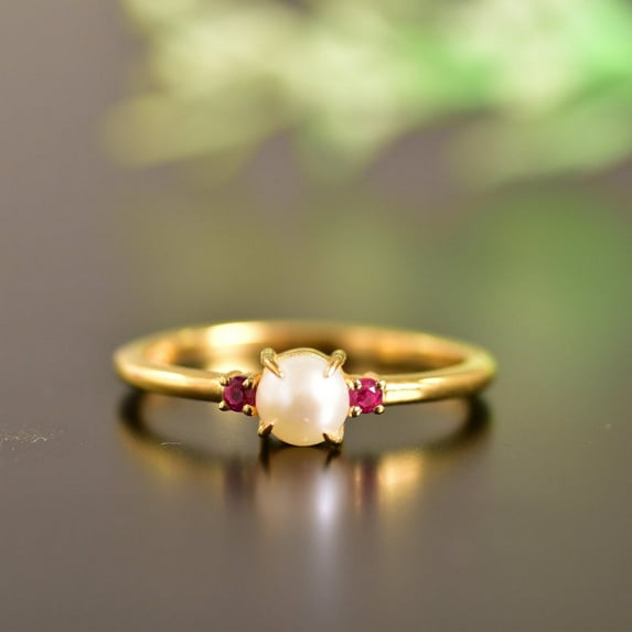Vintage Pearl Engagement Ring Red Ruby Ring Side Stone Cluster Ring Promise Antique Women Retro Wedding Pearl Birthstone Anniversary Gift