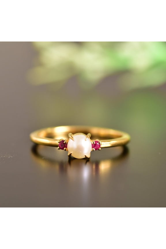 Vintage Pearl Engagement Ring Red Ruby Ring Side Stone Cluster Ring Promise Antique Women Retro Wedding Pearl Birthstone Anniversary Gift