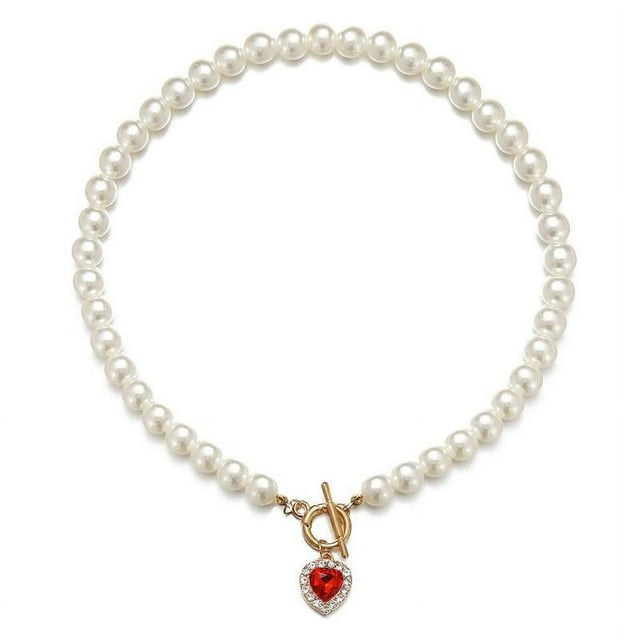 Vintage Pearl Necklace For Women Retro Red Crystal Heart Pendant Pearl Choker Necklaces Gifts Jewelry W1F0