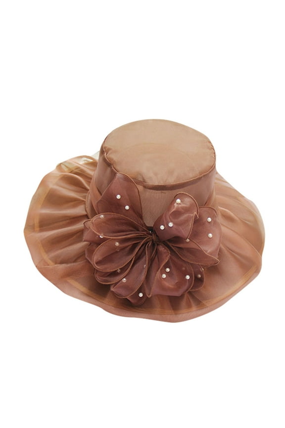 Vintage Pearl Netting Hat with Flower, Retro Wedding Fascinator for Bridal and Tea Party, Elegant Veil Hat for Formal Occasions, Women's Church Hat - Coffee