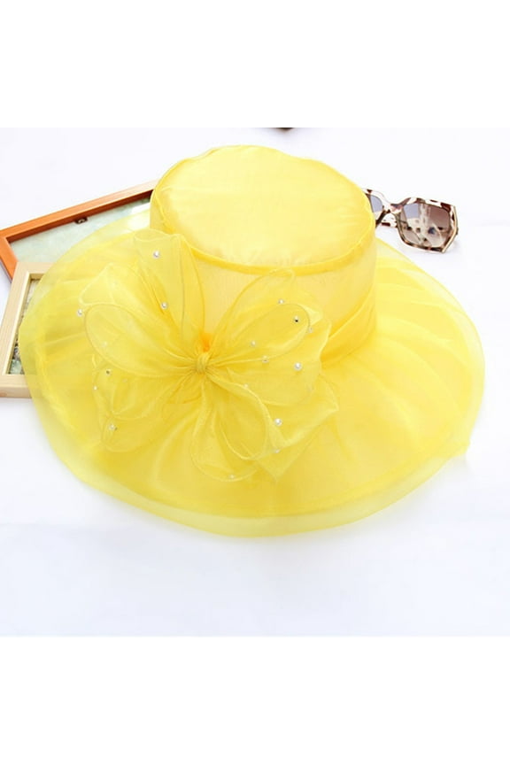 Vintage Pearl Netting Hat with Flower, Retro Wedding Fascinator for Bridal and Tea Party, Elegant Veil Hat for Formal Occasions, Women's Church Hat - Yellow