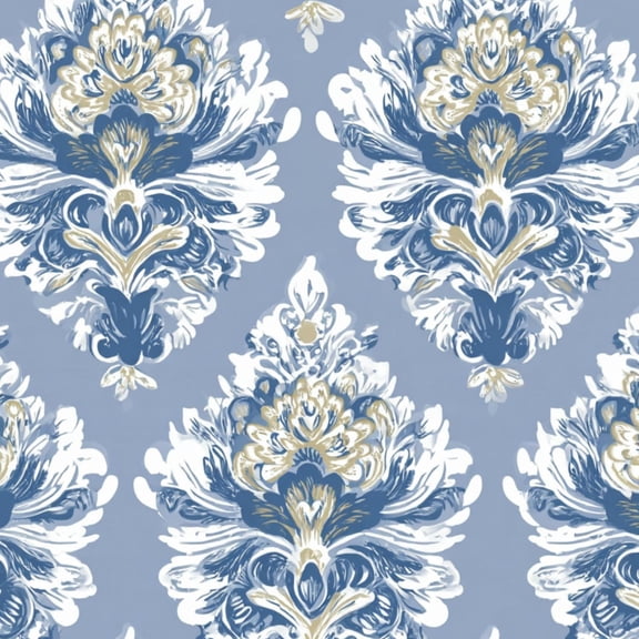 Vintage Peel and Stick Wallpaper 17.7in x 9.8ft Blue Gold Baroque Damask Floral Slate Contact Paper Vinyl Waterproof Self Adhesive Wall Paper for Bedroom Shelf Cabinet Renter Friendly