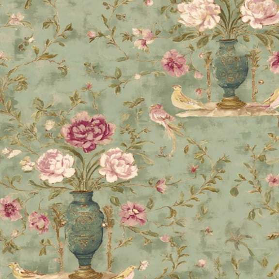 Vintage Peel and Stick Wallpaper 17.7in x 9.8ft Floral Vases Birds Peonies Vintage Green Contact Paper Vinyl Waterproof Self Adhesive Wall Paper for Bedroom Shelf Cabinet Renter Friendly