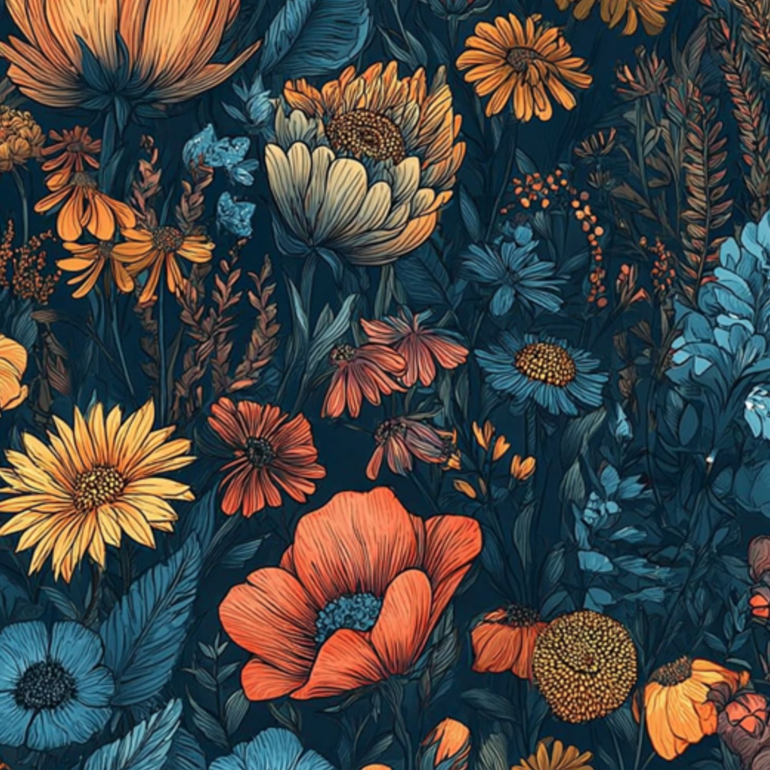 Vintage Peel and Stick Wallpaper 17.7in x 9.8ft Vintage Floral Sunflowers Blue Flowers Dark Contact Paper Vinyl Self-Adhesive Removable Wall Paper for Bedroom Kitchen Cabinet Renter Friendly