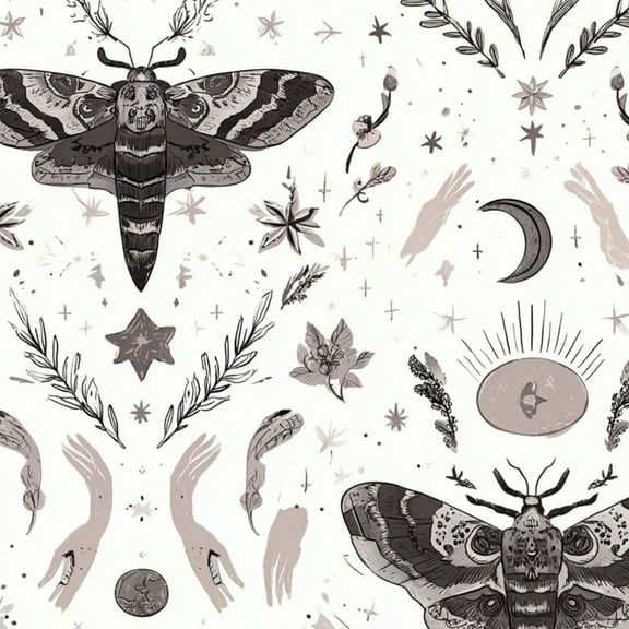 Vintage Peel and Stick Wallpaper 23.6in x 9.8ft Mystical Moth Celestial Hands Stars Flowers Neutral Tones Contact Paper Vinyl Waterproof Self Adhesive Wall Paper for Bedroom Shelf Cabinet