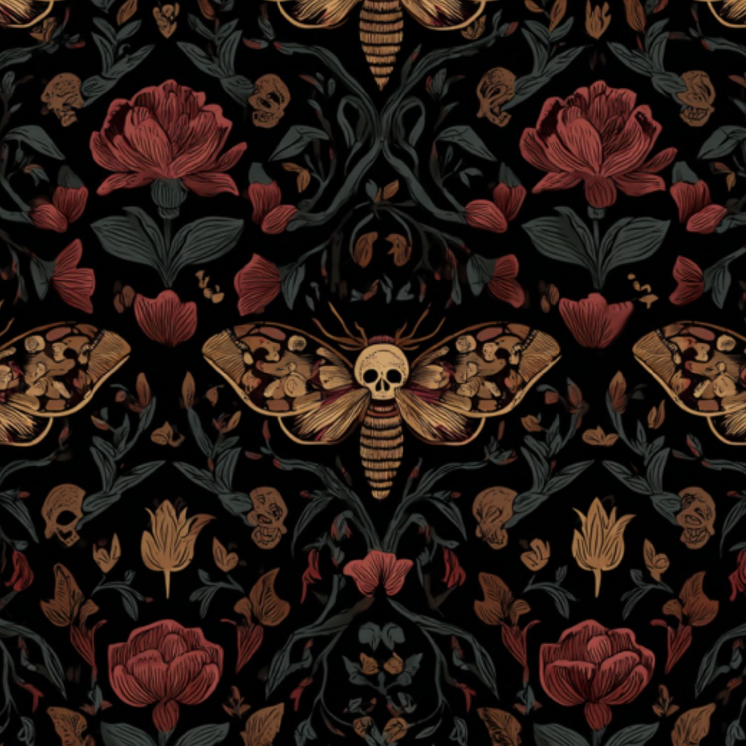 Vintage Peel and Stick Wallpaper Dark Gothic Moth Skull Red Flowers Botanical Wall Mural 17.7in x 9.8ft Self Adhesive Removable Wall Paper Renter Friendly Wallpaper for Nursery Bedroom Cabinets