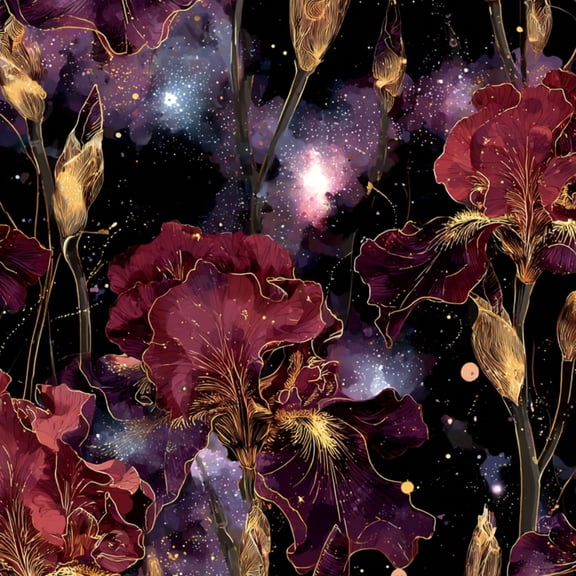 Vintage Peel and Stick Wallpaper Elegant Iris Flowers Illuminated by Cosmic Nebulae Stars Wall Mural 23.6in x 9.8ft Self Adhesive Removable Wall Paper for Nursery Bedroom Cabinets Renter Apartment