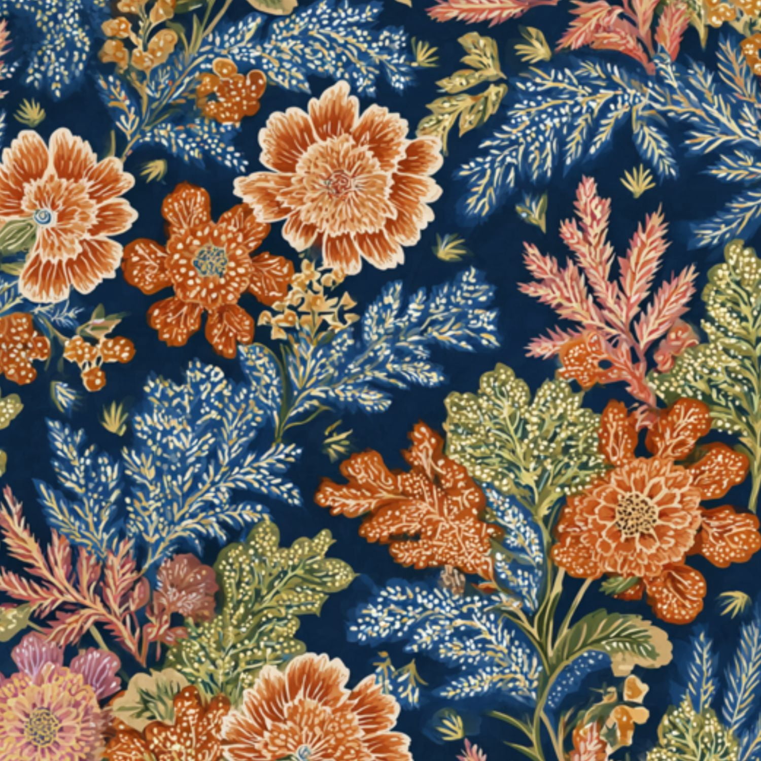 Vintage Peel and Stick Wallpaper Floral Orange Pink Flowers Dark Blue ...