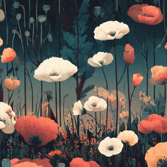 Vintage Peel and Stick Wallpaper Glowing Poppy Field Dusk Serene Red Orange Cream Blooms Wall Mural 23.6in x 9.8ft Self Adhesive Removable Wall Paper Floral Contact Paper for Bedroom Cabinets