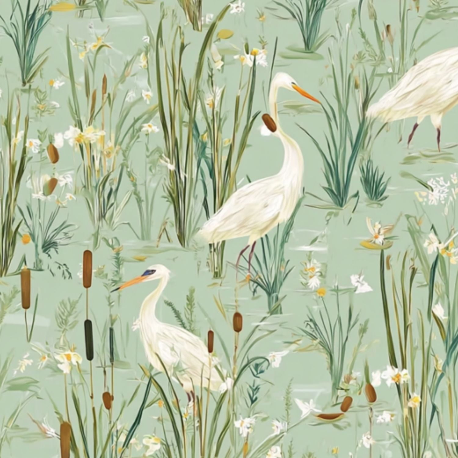Vintage Peel and Stick Wallpaper Herons Marshland Cattails Wildflowers Green Wall Mural 23.6in x 9.8ft Self Adhesive Removable Wall Paper Renter Friendly Wallpaper for Nursery Bedroom Cabinets