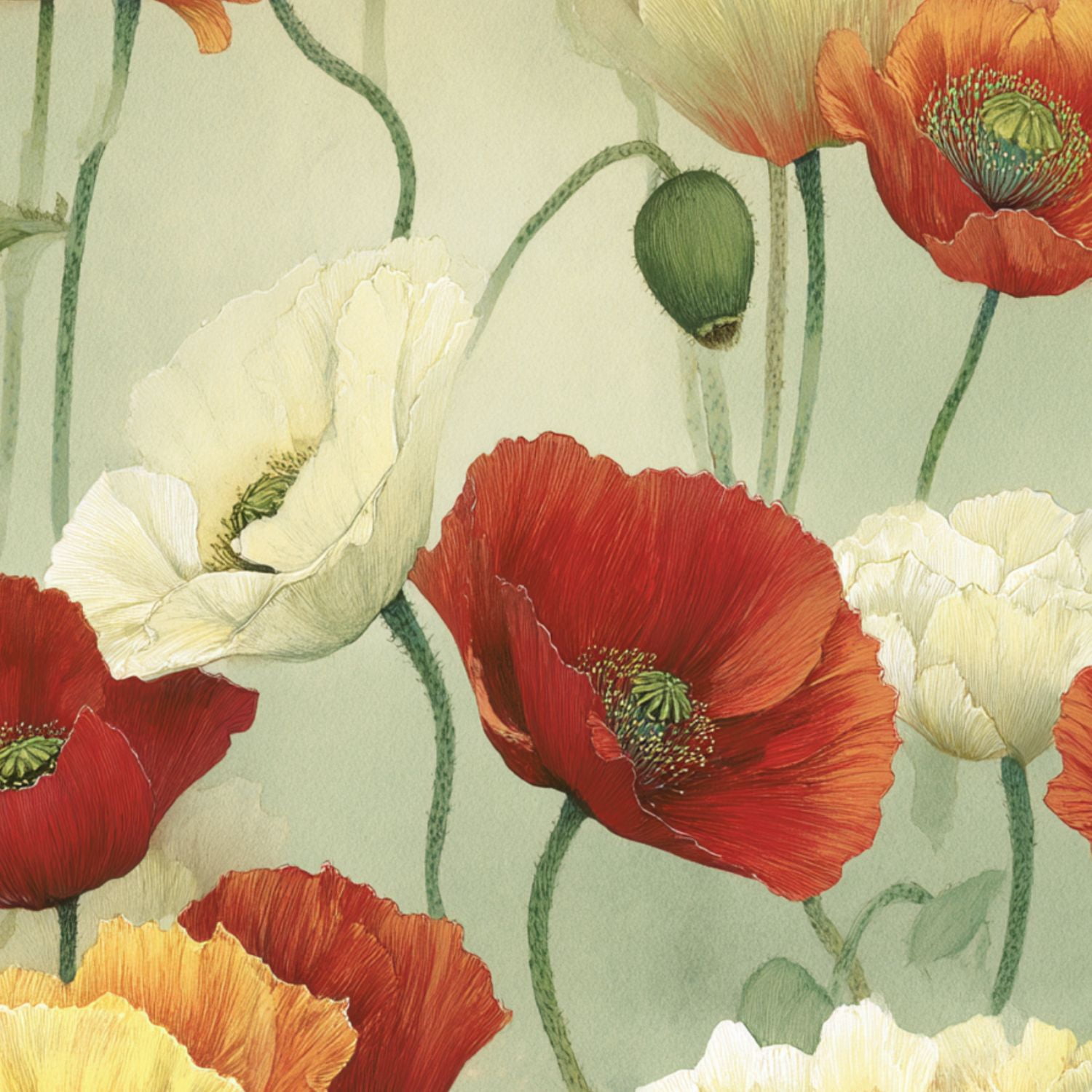 Vintage Peel and Stick Wallpaper Intricate Poppy Floral Art Red Orange ...