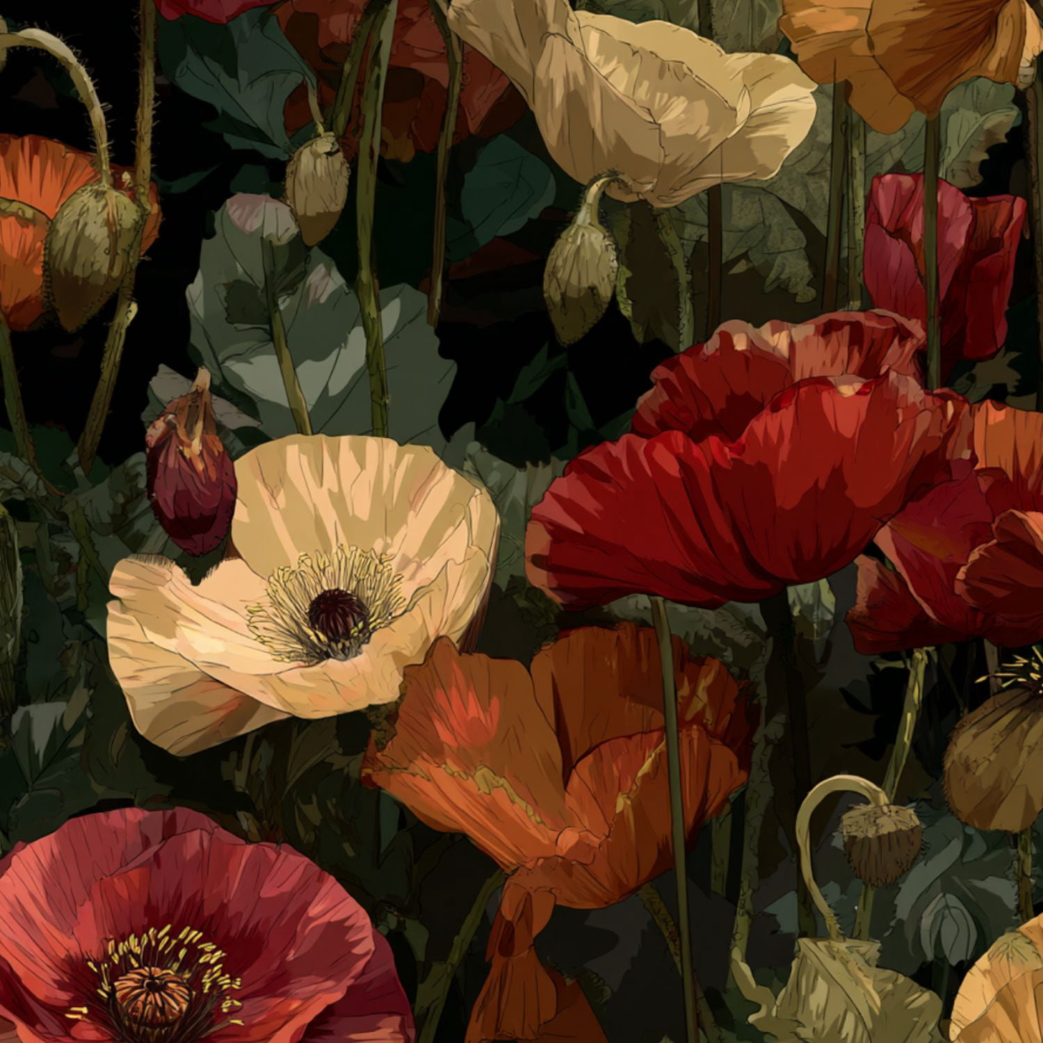 Vintage Peel and Stick Wallpaper Lush Garden Poppies 3D Petal Veins Soft Shadows Wall Mural 23.6in x 9.8ft Self Adhesive Removable Wall Paper Floral Contact Paper for Nursery Bedroom Cabinets