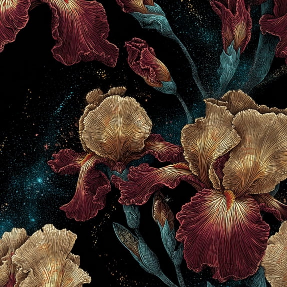 Vintage Peel and Stick Wallpaper Mystical Irises Burgundy Petals Golden Veins Cosmic Space Wall Mural 17.7in x 9.8ft Self Adhesive Removable Wall Paper for Nursery Bedroom Cabinets Renter Apartment