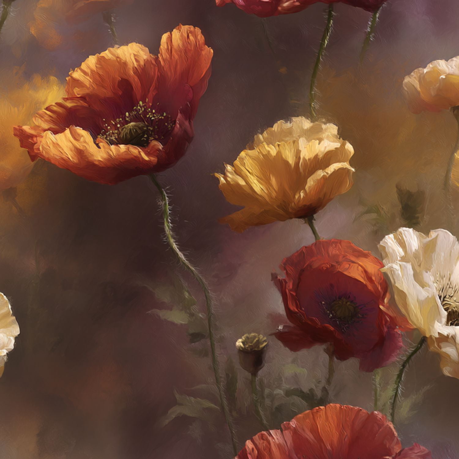 Vintage Peel and Stick Wallpaper Red Poppies Dawn Detailed Artwork Glow ...