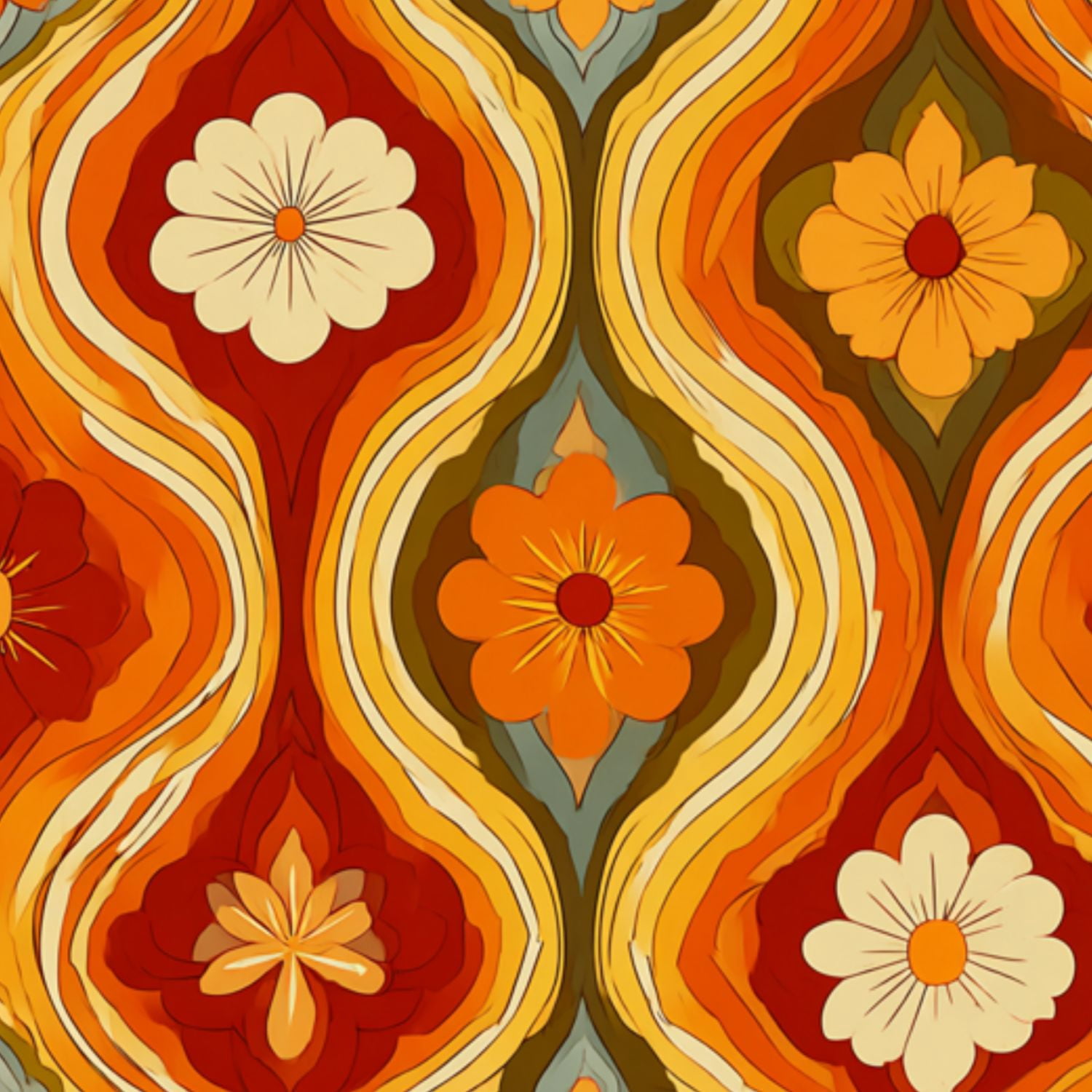 Vintage Peel and Stick Wallpaper Retro Floral Warm Tones Orange Red ...