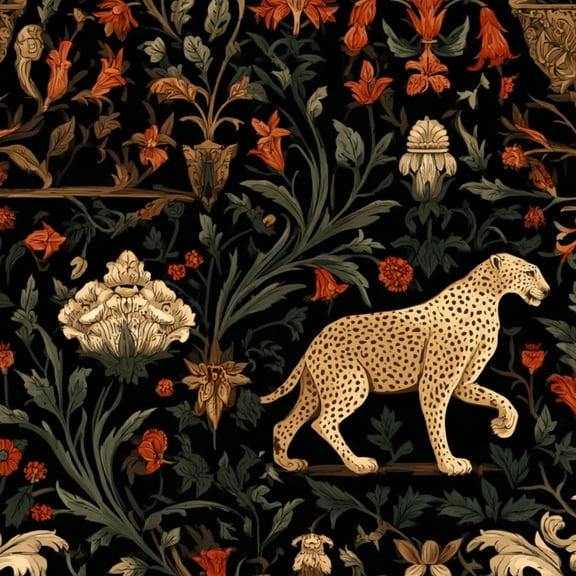 Vintage Peel and Stick Wallpaper Vintage Gothic Floral Golden Leopards Black Wall Mural 23.6in x 9.8ft Self Adhesive Removable Wall Paper Renter Friendly Wallpaper for Bedroom Livingroom Men