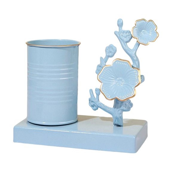 Vintage Pen Holder, Desk Organizer with Rustic Plum Blossom Design, Decorative Pencil Cup for Home Study, Makeup Brush Holder, Valentines Day Gifts for Her Light Blue