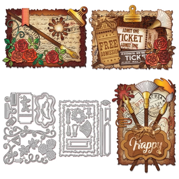 Vintage Pen Paper Cut Dies - Metal Brush Paper Cut Dies for Cards Making DIY Scrapbooking Decor Embossing Holiday Decoration