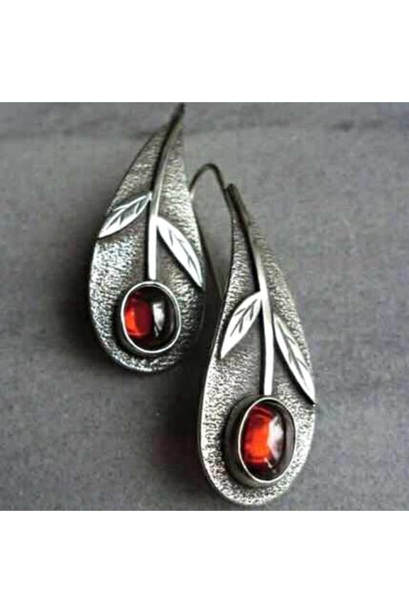 New Vintage Pendientes Metal Antique Silver Leaf Drop Earrings For Women Boho Ethnic Red Resin Stone Earings