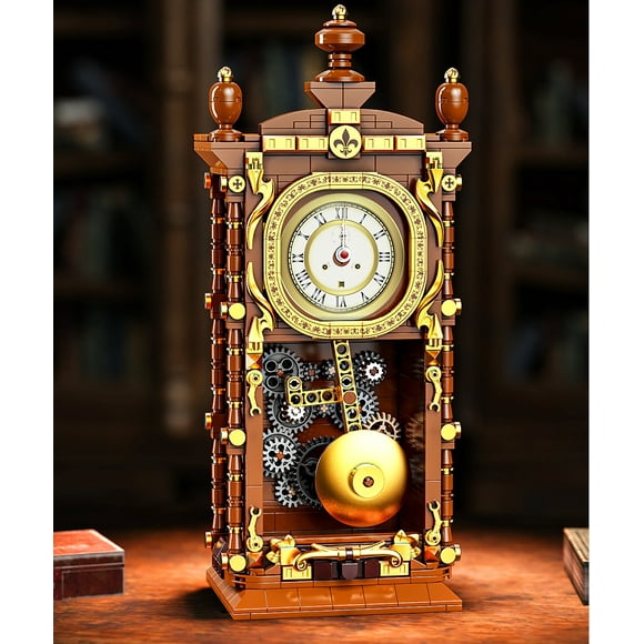 Vintage Pendulum Clock Building Block Model Electroplated Retro Mechanical Display Toy