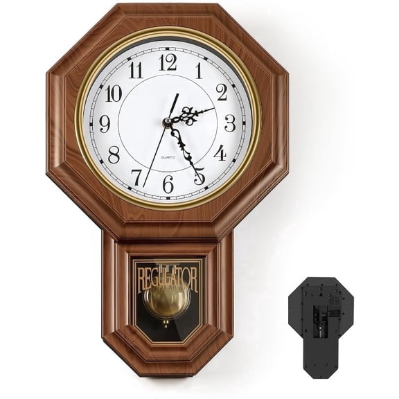 Vintage Pendulum Wall Clock Battery Operated, Brown Wood Look Plastic Regulator Clock with Swinging Pendulum, 11.8 x 17.7 Inch Decorative Wall Clock for Living Room Bedroom Kitchen Office Home Decor