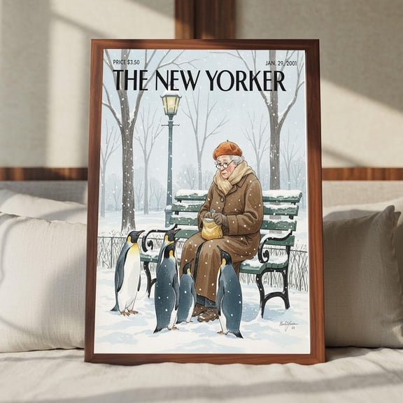 Vintage Penguin Winter Park Cozy Illustration Art Poster, Unframed Paper Poster 16x20in