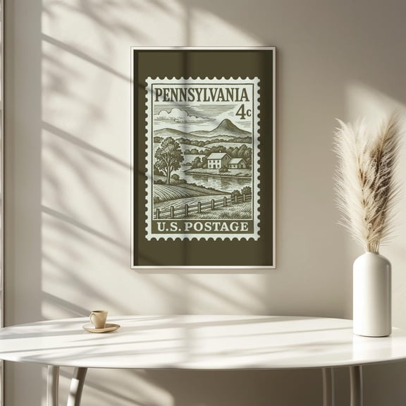 Vintage Pennsylvania Postage Stamp Art Rustic Farmhouse Wall Decor Retro State Postal Design Unframed Paper Print