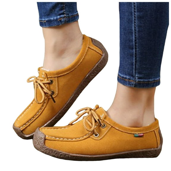 Vintage Penny Loafers Casual Shoes for Women Comfort Protective Toe Suede Lace up Walking Flats Wide Feet Boat Loafers