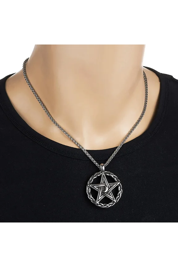 Vintage Pentagram Pendant Necklace 14K White Gold Men Punk Hip Hop Nightclub Round Hollow Crescent Pentagram Necklace Jewelry