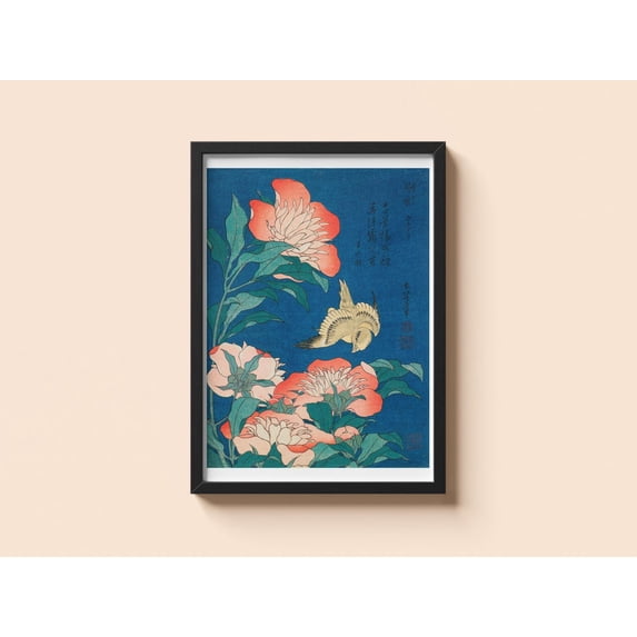Vintage Peonies and Canary Katsushika Hokusai Japanese Flower Bird, Unframed Canvas 16x20in