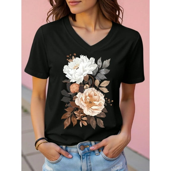 Vintage Peony Floral Black V - Neck Tee