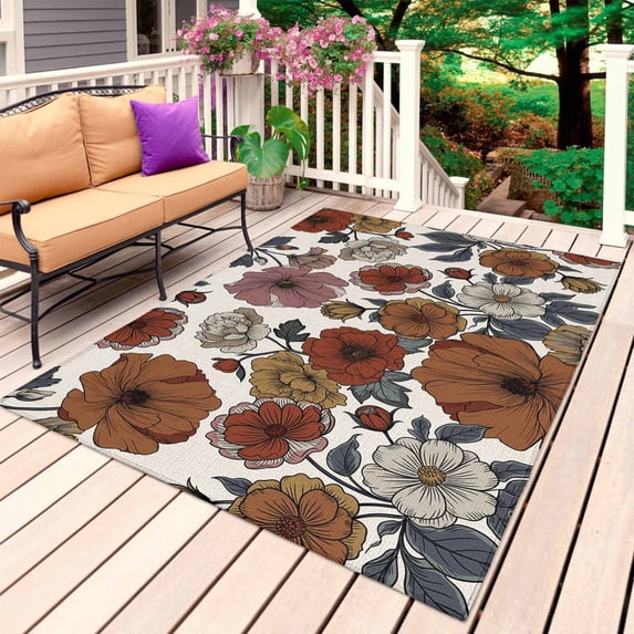 Vintage Peony Outdoor Rug 5x7 Ft, Non Slip Washable Area Rug, Summer Botanical Retro Art Rustic Patio Rugs Carpet Runner, Large Floor Mat for Indoor/Outdoor Deck Porch Camping