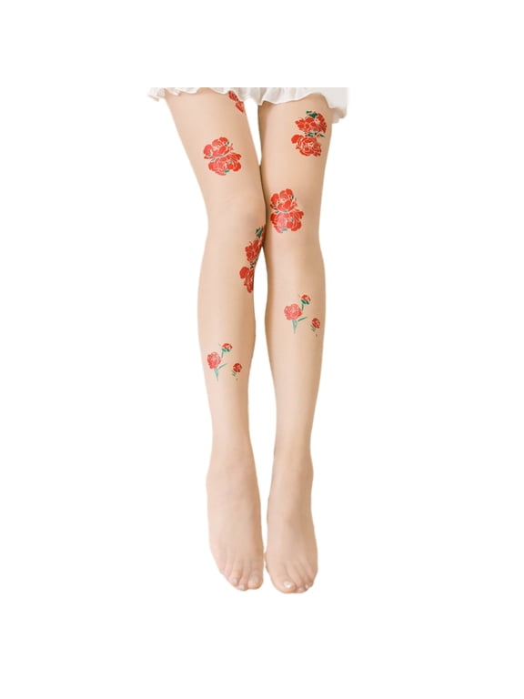 Vintage Peony Rose Floral Patterned Sheer Silk Tights Stockings Aesthetic Nylon Pantyhose Leggings Hosiery for Women