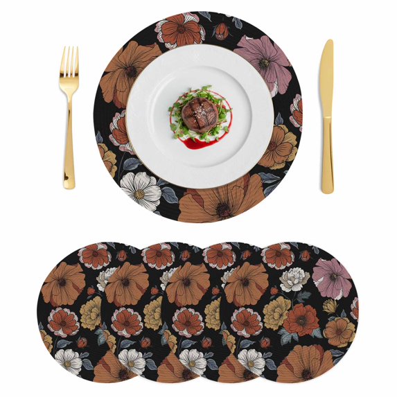 Vintage Peony Round 15 Inch Placemats Set of 4, Summer Botanical Retro Art HeatResistant Non Slip Place Mats for Dining Table, Wipeable Braided Kitchen Table Mats for Housewarming