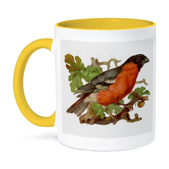 3dRose, Vintage Perched Red-Breasted Robin Bird Illustration, 15oz Two-Tone Yellow Mug